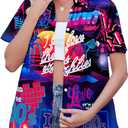 80s 90s Outfit Shirt Women Retro Theme Party Button Up Shirts Neon Disco Tshirt Hawaiian Beach Short Sleeve Blouse Top (Medium)