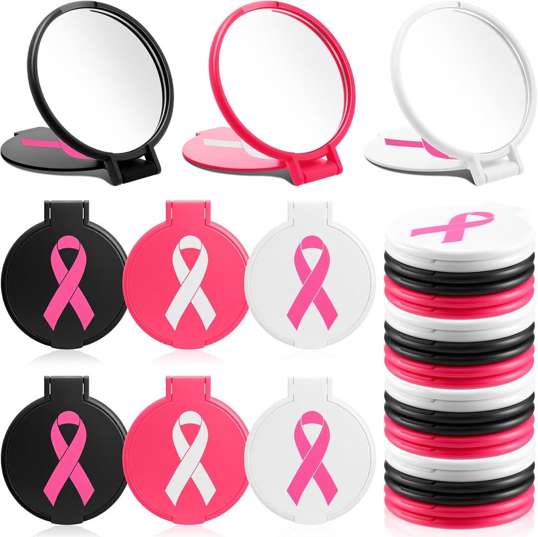 24 Pcs Breast Cancer Awareness Small Compact Mirrors Bulk Portable Folding Mini Pocket Makeup Mirrors Breast Cancer Awareness Accessories Gift for Women Friends