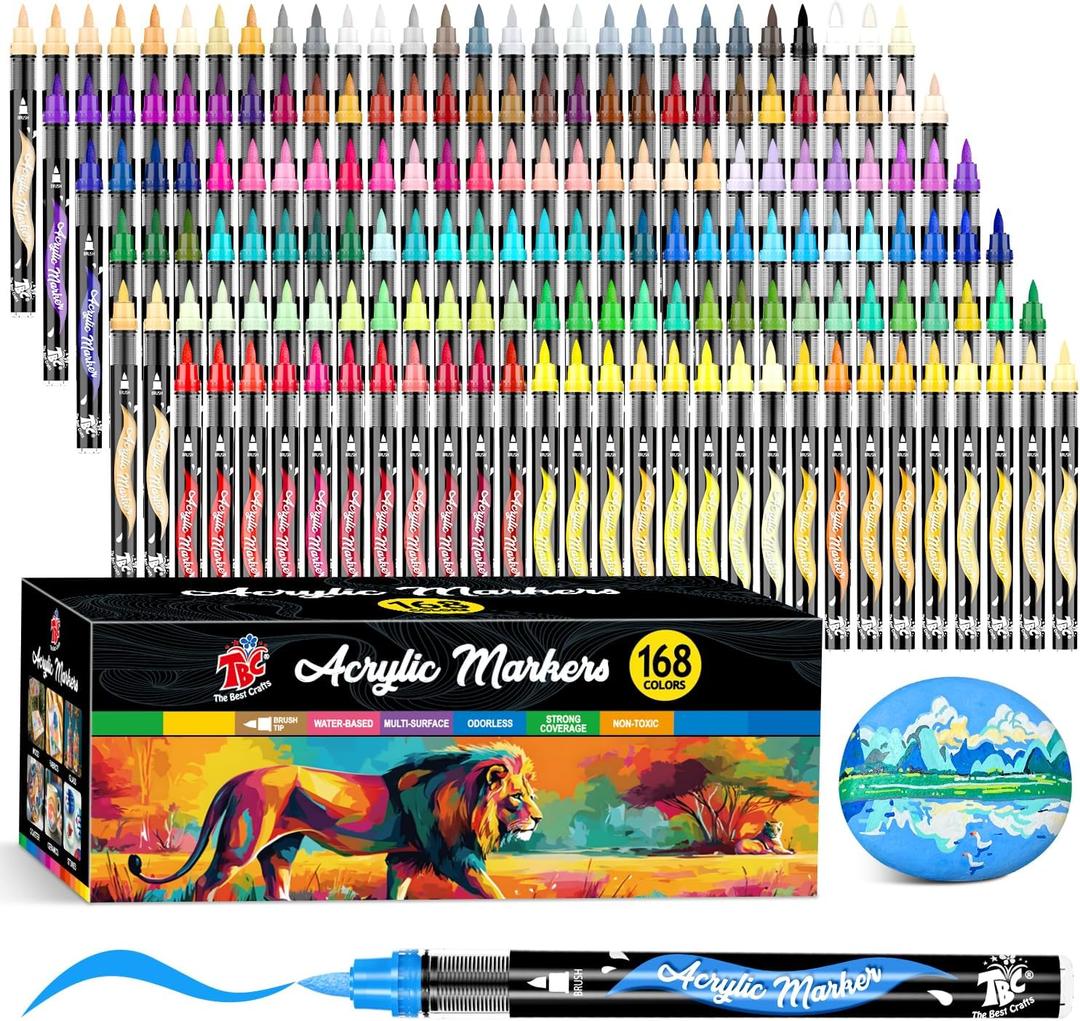 TBC The Best Crafts Acrylic Paint Markers, 168 Colors Water-Based Paint Pens for Art and Craft Projects, Multi-Surface Use on Fabric, Glass, Wood, Stone, Metal, Ceramic, Canvas, Rock