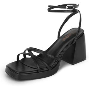 ISNOM Platform Block Heels Women Comfortable Strappy Heels Short Block Chunky Sandals Ankle Strap Simple Summer Heeled Sandals Square Toe (7.5, Matteblack)