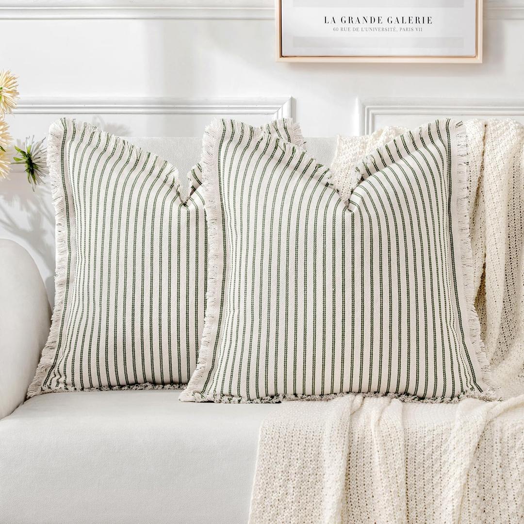 MIULEE Pack of 2 Olive Green Pillow Covers 18x18 Inch Striped Farmhouse Couch Spring Throw Pillow Covers with Fringe Chic Linen Decorative Cushion Covers for Sofa Living Room Bed Outdoor Home Decor (18" x 18" (Pack of 2), Olive Green)