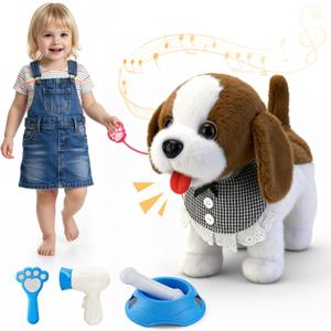 Talkfun Interactive Plush Puppy Toys for 1,2,3 Year Old Boy Girl Gifts, Musical Walking Dog with Leash, Realistic Pet Play Toy for Toddlers 13 Age, Soft Stuffed Electronic Puppy with Accessories (Brown & White)
