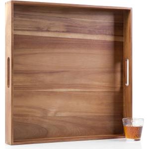 Extra Large Square Wood Tray, Generously 22" Acacia Serving Trays for Large Ottoman Coffee Table, Giant Square Shape Sofa Tray with Handles, Kitchen Organizer Storage Trays Huge Counter Serveware
