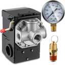Dreyoo Air Compressor Pressure Switch 90-120 4-Port 20 Amp with 0-200 PSI Gauge and 200 PSI Safety Relief Valve, 1/4" NPT Replacement Pressure Switch Parts for Air Compressor