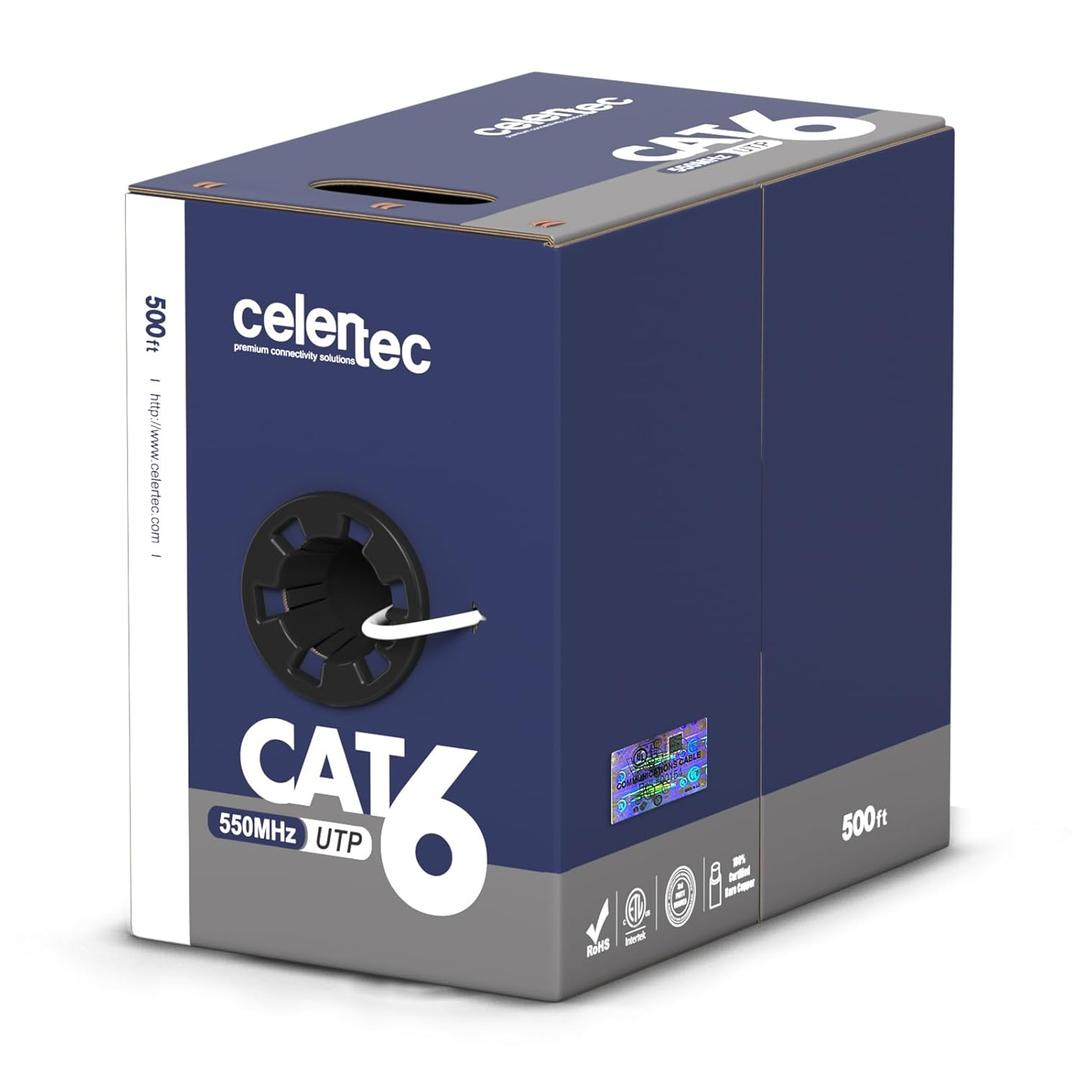 Cat6 Plenum Cable, 500ft, UTP(Unshielded Twisted Pair), 23AWG Solid Bare Copper, 550MHz, UL Listed &CMP Rated, Bulk Ethernet Cable-White