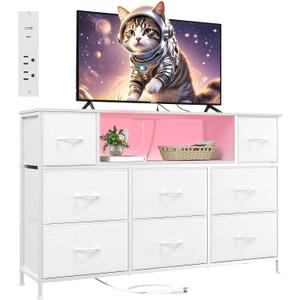 Somdot White TV Stand, Dresser for Bedroom for 55 inch TV with Charging Station and LED Lights, Media Console Table with 8 Drawers, Open Shelf, Adjustable Feet,Living Room Furniture
