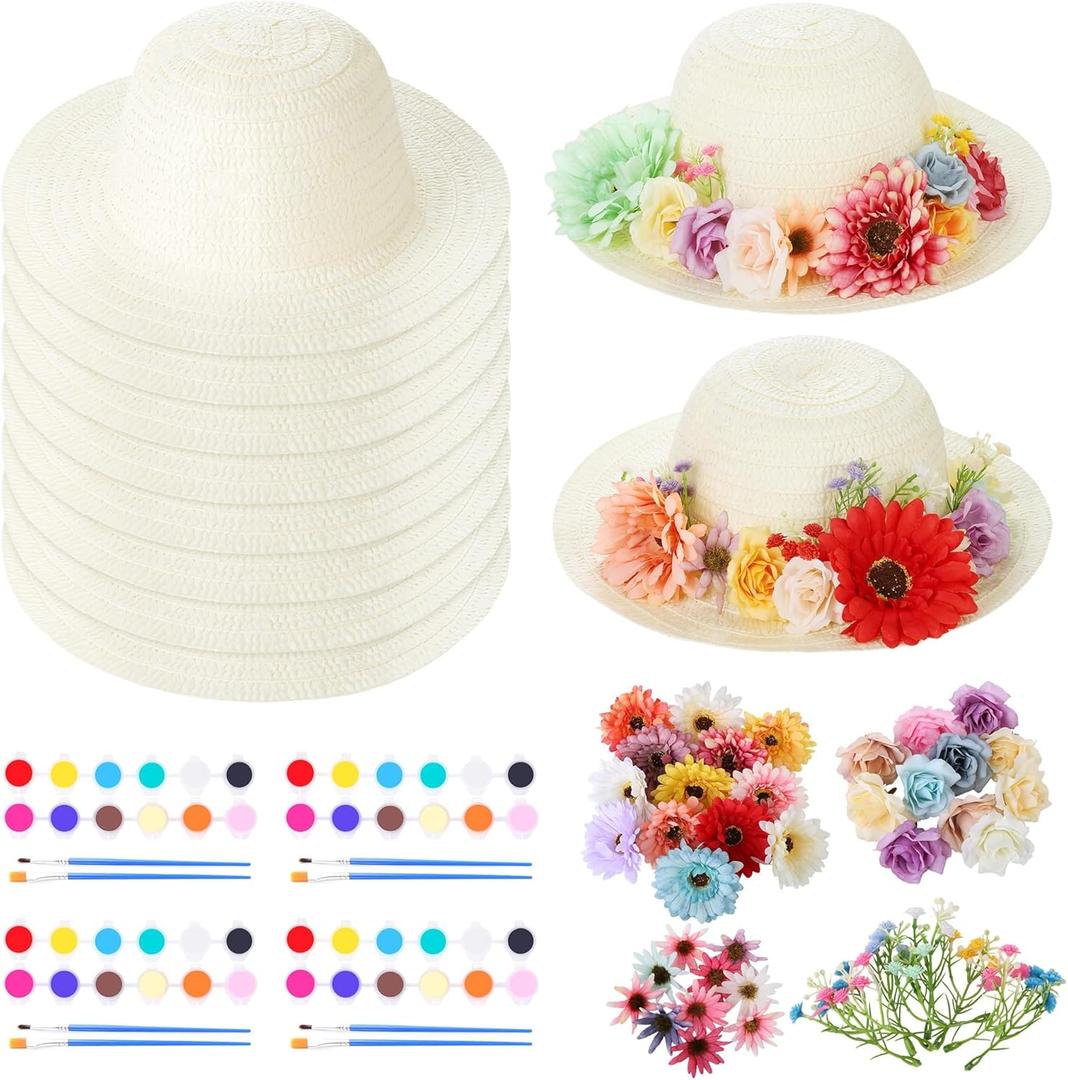 Aneco 120 Piece DIY Handmade Straw Hat Set Served for 10 Guests with Creative Craft Art Painting Hats Artificial Flowers Acrylic Paint Brushes for Summer Beach, Tea Party Dress Up