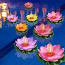 Nuanchu 12 pcs Diwali Lotus Decoration Pool Floating Lights Floating Lotus Tea Lights Artificial Flowers Lily Pads Water Lantern for Indian Puja Home Decoration