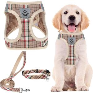 PUPTECK Adjustable Dog Harness Collar and Leash Set Step in No Pull Pet Harness for Small Medium Dogs Puppy and Cats Outdoor Walking Running, Soft Mesh Padded Reflective Vest Harnesses, Khaki M (M (CHEST 16"-18"))