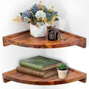 Demigo Floating Round Corner Shelves for Wall 2pcs - Acacia Wood Wall-Mounted Storage Shelves for Home Decor, Space Saving Displays for Living Room, Kitchen, Office, and Bedroom (Natural Brown)