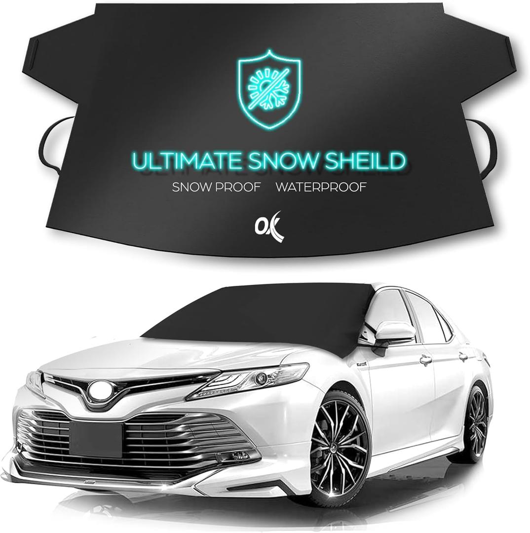 OxGord Windshield Snow Cover Ice Removal Wiper Visor Protector All Weather Winter Summer Auto Sun Shade for Cars Trucks Vans and SUVs Stop Scraping with a Brush or Shovel (Front)