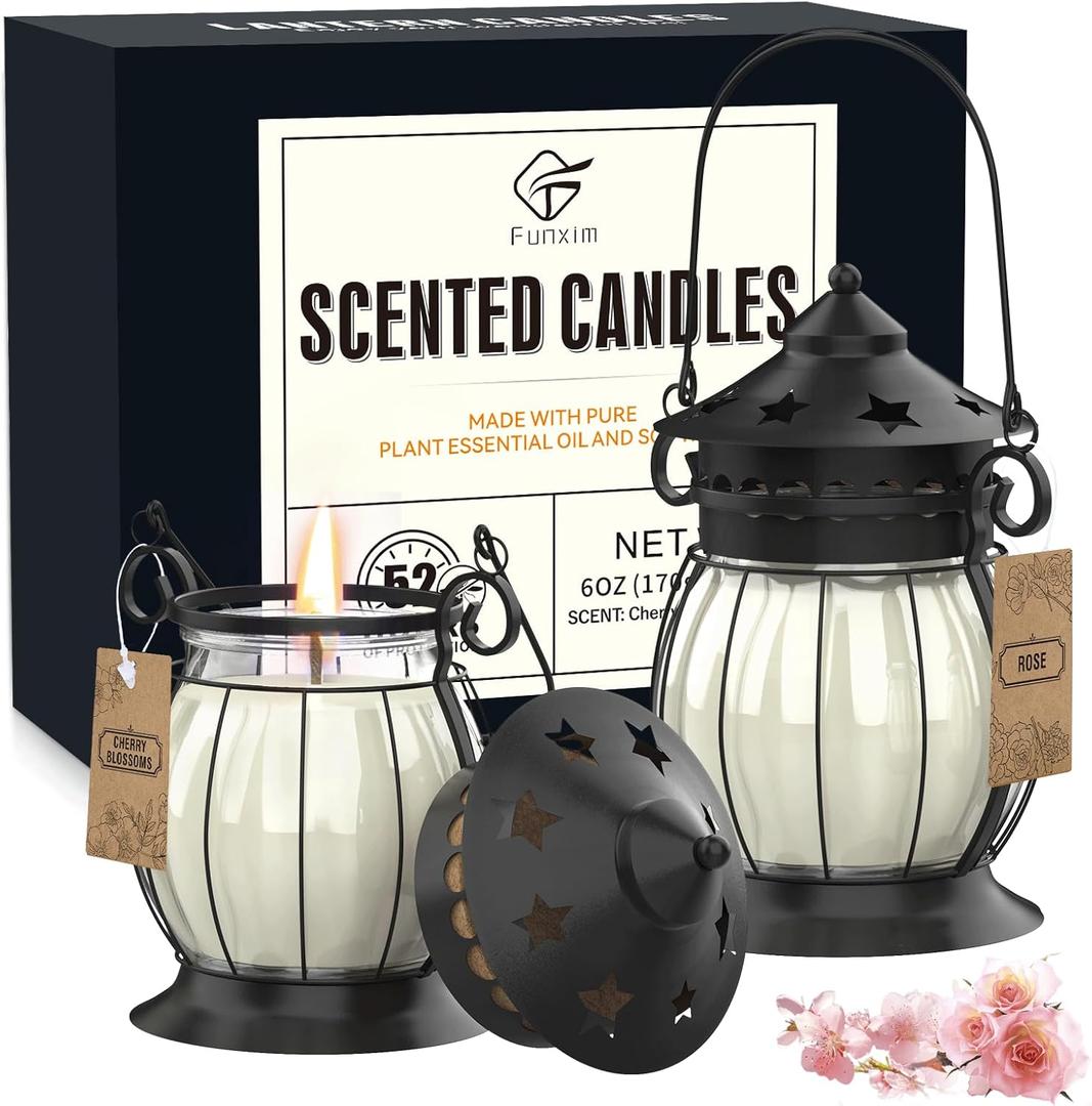 Scented Candles Gifts Set for Women, 2X 6 oz Aromatherapy Jar Candles for Home, Rosa & Cherry Blossom Soy Wax Long Lasting Retro Lantern Candles Perfect for Stress Relief Mum Yoga Bath Spa Christmas
