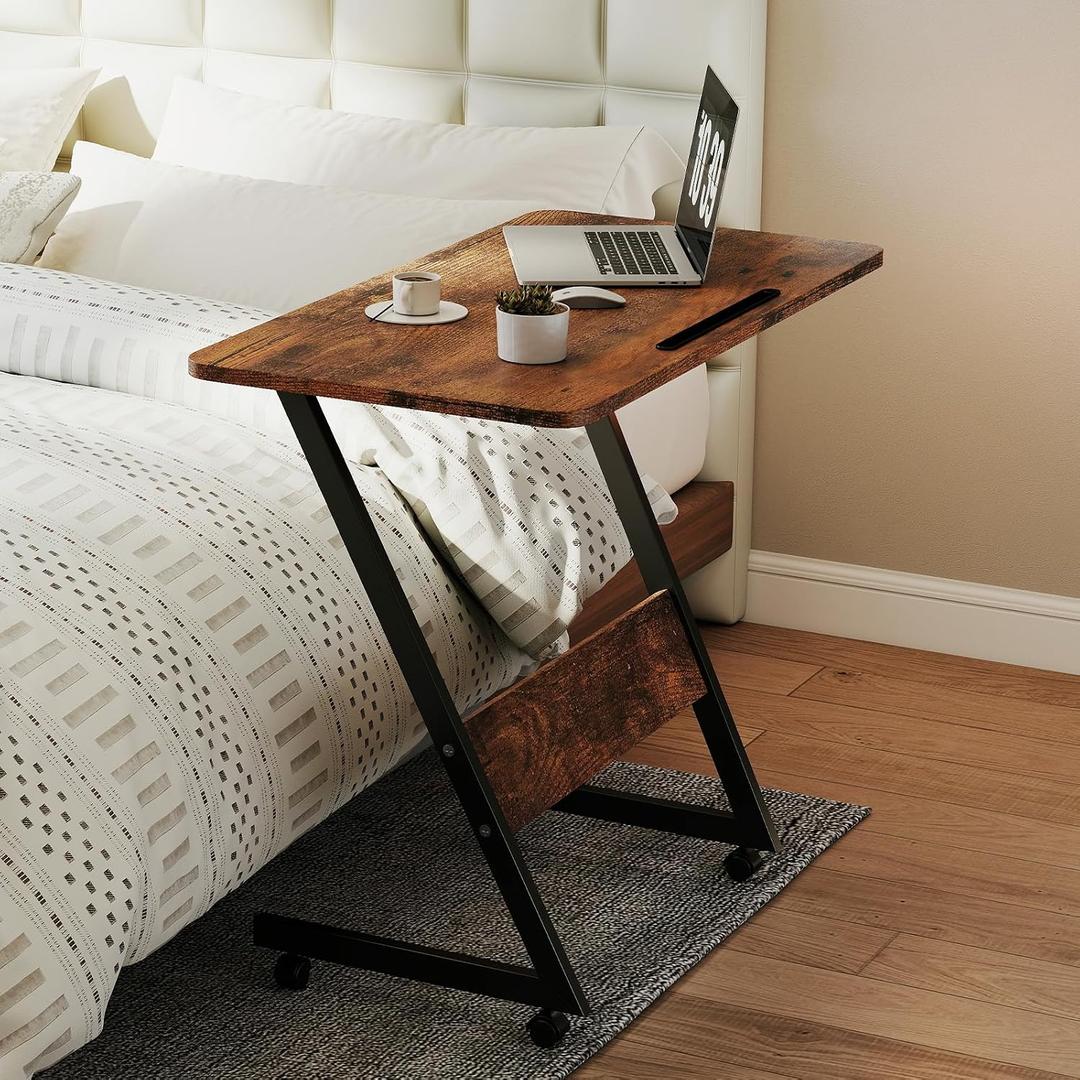 Funecy Overbed Bedside Table with Wheels,Small Desk Portable Rolling,Overbed Table Home Use, Portable Computer Desk,Movable Desk (Rustic Brown), 31.5" x 16" x 29"
