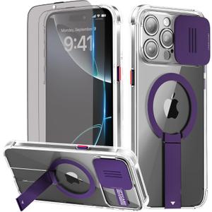 KPV for iPhone 15 Pro Max Case, Compatible with MagSafe, Camera Protection, Invisible Metal Stand, Clear Yellowing Resistant, with 2Pcs 9Htempered Glass Screen Protector(Purple)