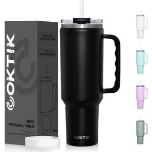 50oz Tumbler With Handle and Straw Lid, Vacuum Insulated Travel Coffee Mug Stainless Steel Insulated Cup for Beverages, Leak-proof, Cupholder Friendly(Black)