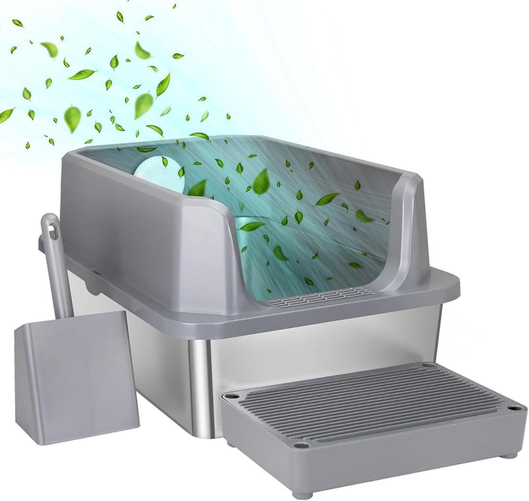 RIZZARI Stainless Steel Cat Box: Large Capacity Gray Enclosed Top-Exit Leakproof Litte Pan - Teflon Coating Resists Sticking for Easy Clean - Odor-Resistant for Modern Homes & Office