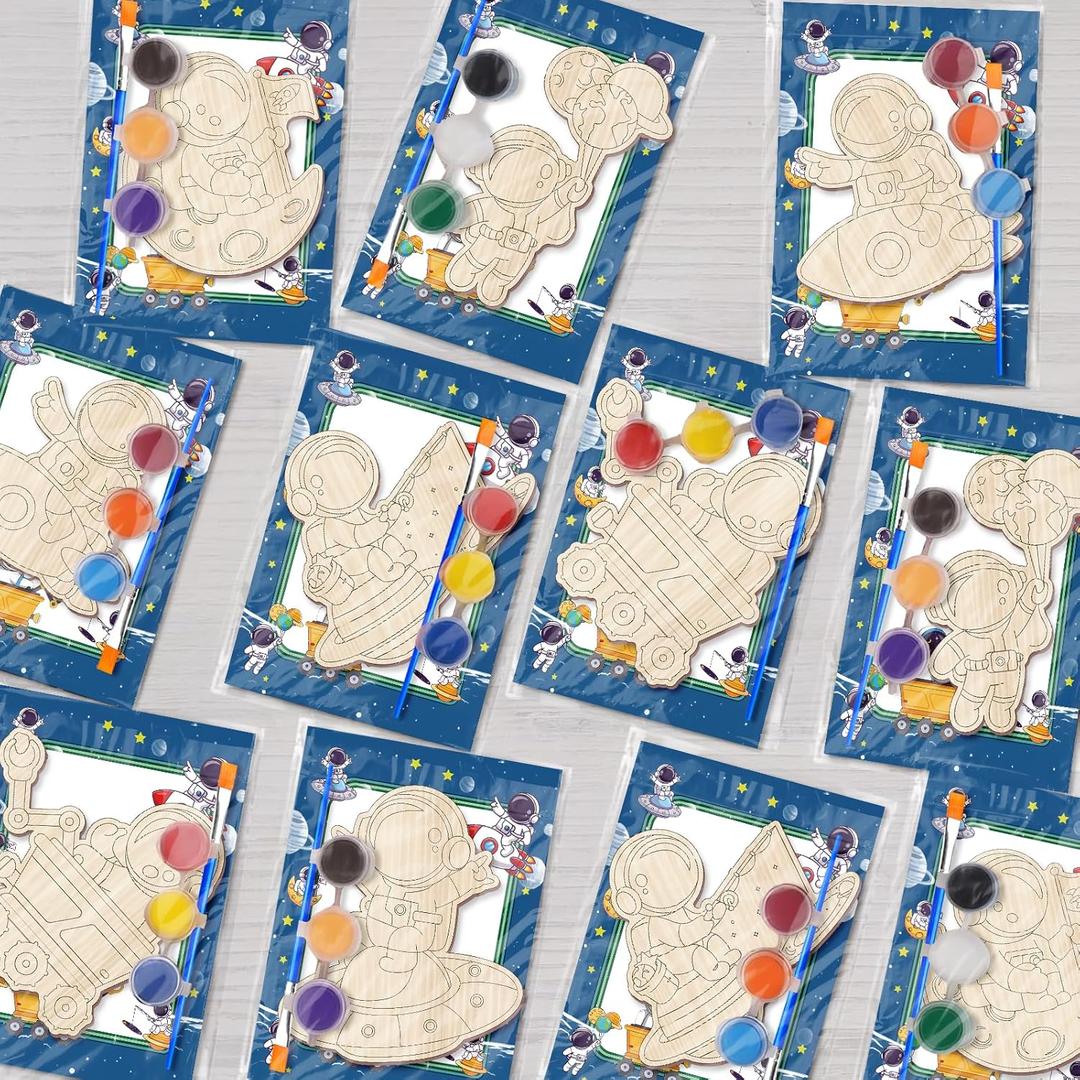 SYUCVQI 12 Pack Space Party Favors Astronaut Wood Painting Craft Kits, Astronaut Party Supplies - Coloring Astronaut Wooden Cutout for Space Theme Birthday Party School Goodie Bag Stuffers