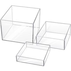 Set of 3 Acrylic Display Risers - Acrylic Boxes & Cubes - 5 Sided with Hollow Bottoms - Display Stand for Collectibles (Clear)
