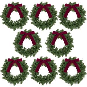 Dingion 8 Pcs Christmas Wreath Decorations 10 x 10 Inches Christmas Cabinets Wreaths with Red Ribbon Bow Bell Mini Artificial Hanging Garlands for Front Door Window Chair Wall
