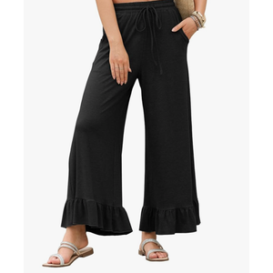 EVALESS Womens Wide Leg Pants Drawstring Elastic High Waisted Ruffle Hem Palazzo Pants with Pockets Size L