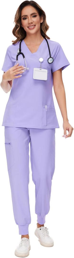 COZYFIT Scrubs for Women Set - Stretch V-Neck Scrub Top & Jogger Pant with 8 Pockets (Medium, Light Purple)