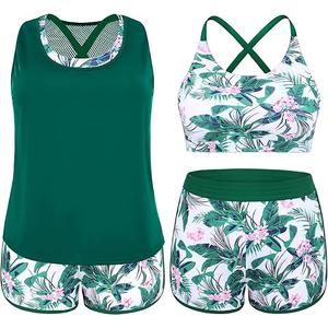 NIeyook Women Plus Size 3 Piece Tankini Swimsuits Athletic Bathing Suits with Boy Shorts Tank Top with Sports Bra, Green Leaf 26 W