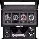ROTHWELL 4-Slot Matte Black Watch Box with Valet Drawer - Premium Jewelry Display Case Organizer with Locking Glass Top and Microsuede Liner for Men & Women (Carbon Interior)