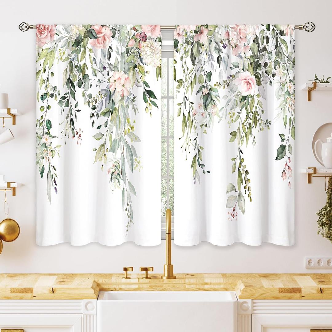 Eucalyptus Botanical Leaves Pink Rose Floral Kitchen Window Curtains Over Sink Farmhouse Flower Leaf Small Window Treatment Cafe Short Curtains for Bathroom Treatment Tier Drapes 26x24 inch (04 Green Pink)
