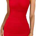 oten Women's Sexy One Shoulder Ruched Bodycon Sleeveless Mini Cocktail Club Party Short Dresses (Red, Small)