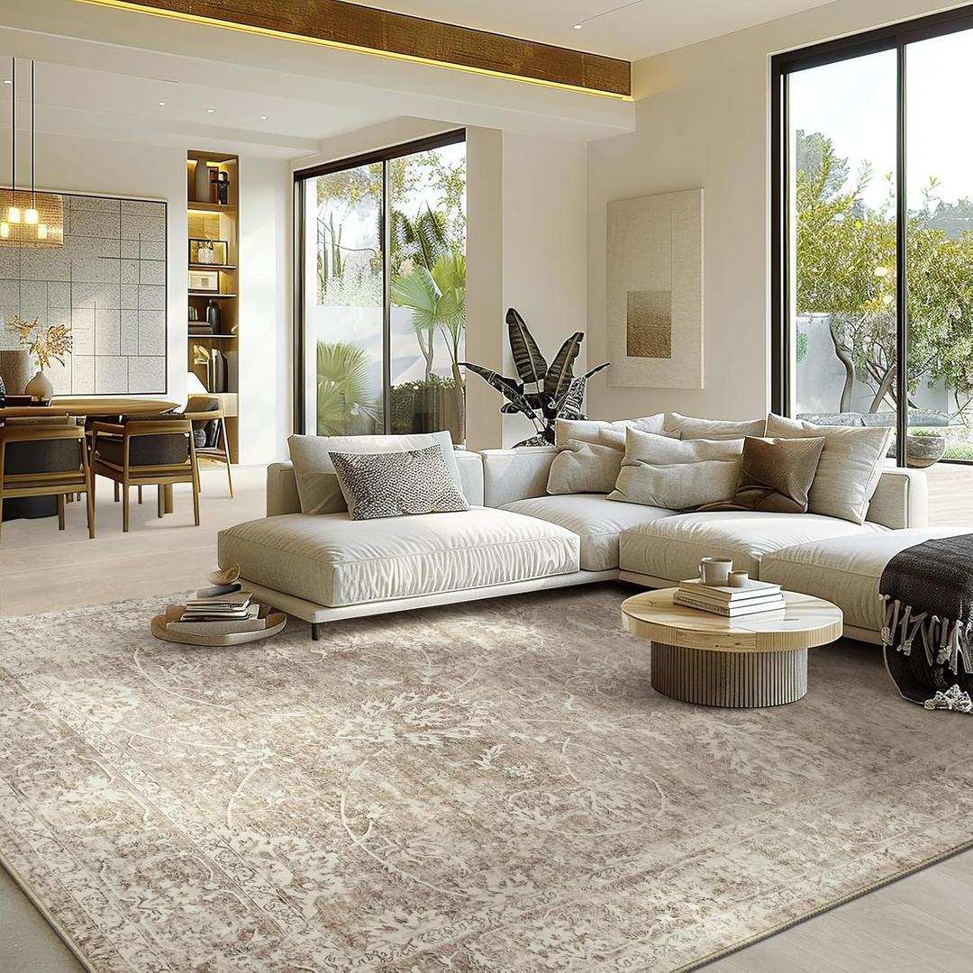 Madane 8x10 Area Rugs for Living Room, Machine Washable Vintage Rug with Anti-Slip Backing, Soft Floral Print Large Rugs, Foldable Thin Area Rug for Bedroom Dining Room (8 x 10, Brown/Sand)