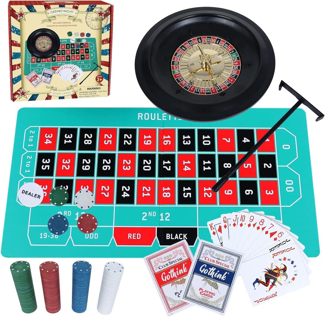GOTHINK Roulette Wheel Game Set, Includes 10-inch Gambling Wheel, 200 Chips, Rake, 2Balls and Texas Holdem Poker, Perfect for Parties and Holidays, Get for a Fun Casino Night!