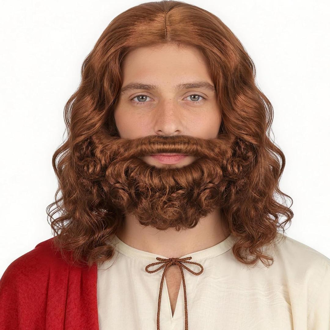 Jesus Beard and Wig Set Brown Wigs with Beard for Men Short Brown Wavy Synthetic Hair Cosplay Wigs for Adults Men's Long Wig and Beard Set for Halloween Costume Party Outfit + Hair Cap