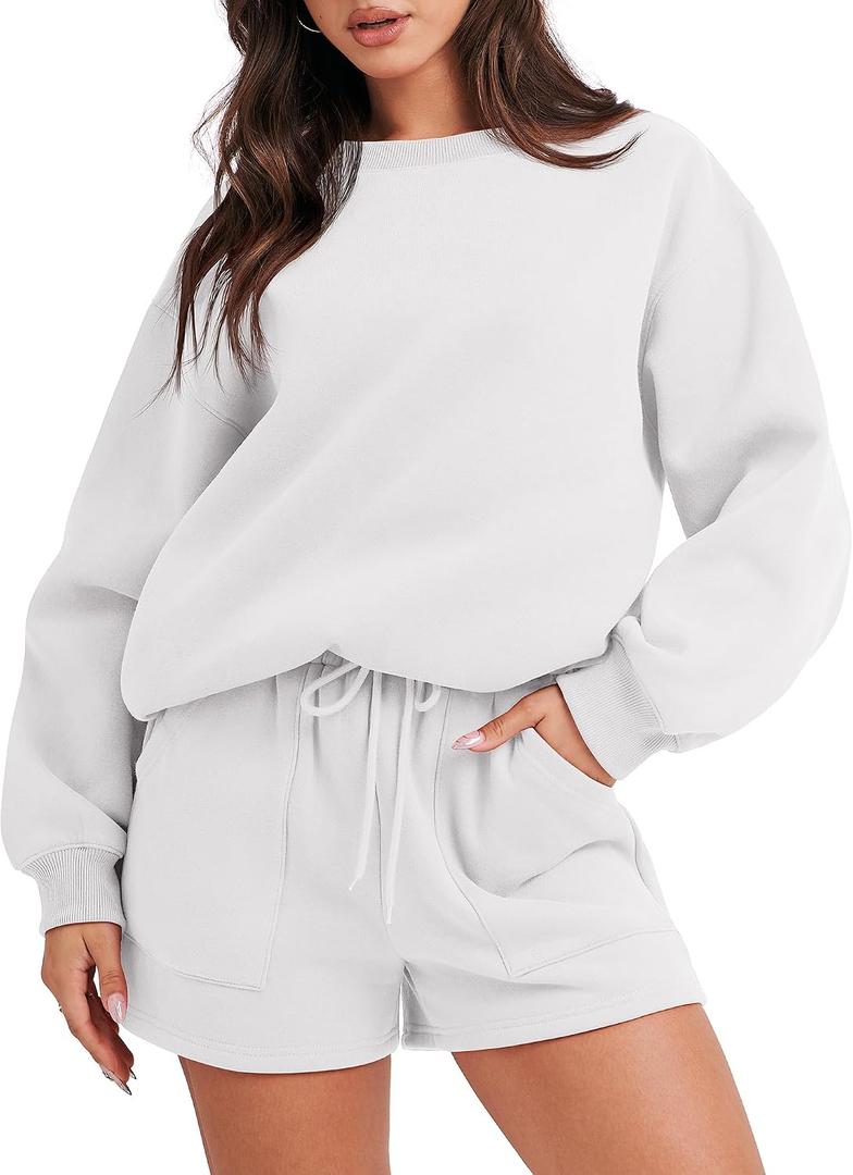 ANRABESS Women 2 Piece Outfits Sweat Shorts Sets 2026 Oversized Casual Lounge Matching Set Sweatsuit Tracksuit Fall Clothes White Medium