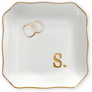 2 x OASSIE Bridal Shower Gifts for Women - 4"x4" Jewelry Dish Tray Letter S | Wedding Gifts, Engagement Gift, Initials Ceramic Personalized Ring for Women, Dish Gold Trim Design, Desk Vanity Decor
