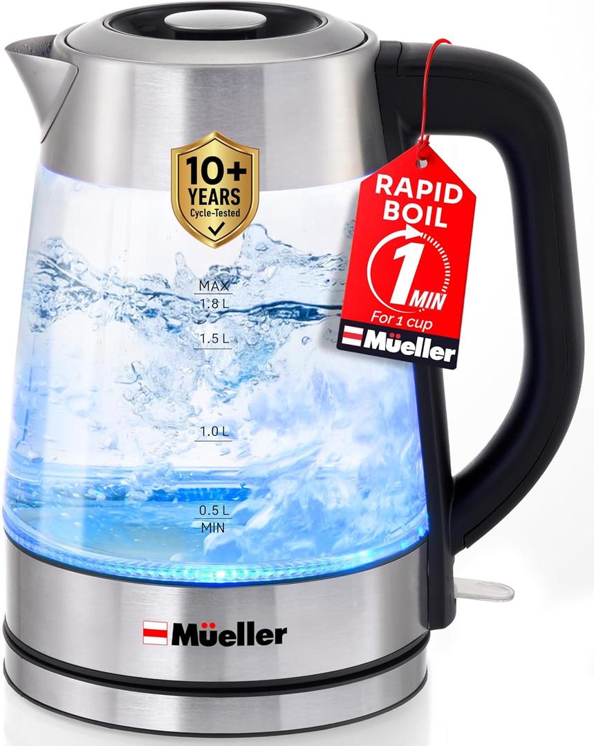 Mueller Rapid Boil Electric Kettle 1.8L  Borosilicate Glass & Stainless Steel  BPA-Free Tea Kettle, LED Light, Auto Shut-Off, Boil Dry Protection Water Heater  Fast Heating, Kitchen Appliances (Silver)