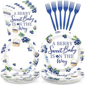 96 Pcs Blueberry Baby Shower Decorations Berry Paper Plates and Napkins A Berry Baby Is On The Way Tableware Set for Baby Shower Blueberry Fruit Themed Party Supplies, Serves 24