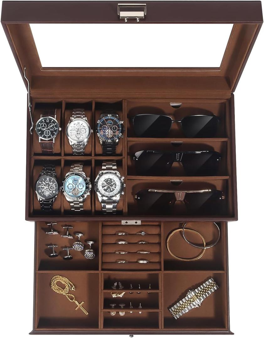 Kukikan Watch Jewelry Box Organizer, 6-Slot 2-Layer Watch Case and Sunglasses Storage with Large Glass Lid, Men's Jewelry Box with Lock, Watch Holder Display Case, Gift for Men Women