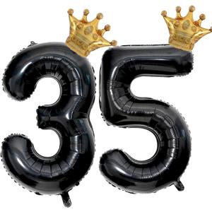 40 inch Large Black 35 Balloon Number with Gold Crown Balloons 35th Birthday Big Foil Mylar Helium Balloon for Boys Girls 35th Birthday Anniversary Decorations Supplies Favors Number 35 Balloons