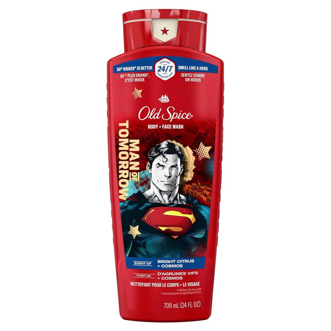 Old Spice Body Wash for Men, Superman: Man of Tomorrow, 3X Defense, 24/7 Shower Fresh with Lasting Scent, Cleansing 2-in-1 Body & Face Wash, Smell Like a Hero, Bright Citrus and Cosmos Scent, 24 oz