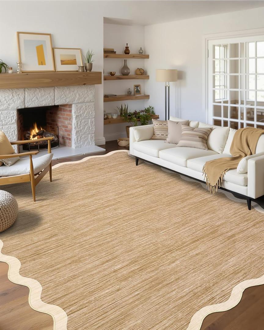 GarveeHome Scalloped Washable Rug 6x9 Rugs for Living Room Modern Brown Nursery Rug Large Area Rug for Bedroom Non Slip Throw Rugs Soft Low Pile Stain Resistant Carpet for Classroom 6'x9' Light Brown