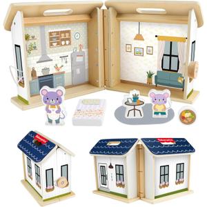 Fisher-Price Wood Pretend Play Toy Dollhouse, 6-Piece Wooden House Playset for Travel Preschool Kids Ages 3+ Years