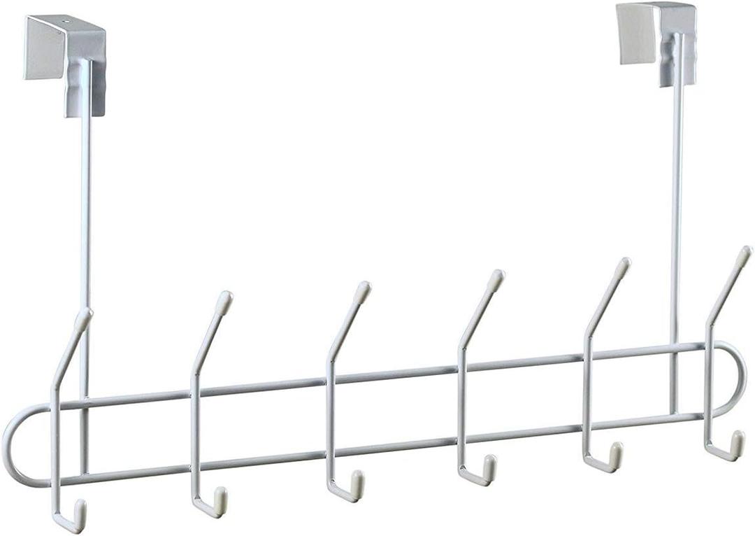 Spectrum Over the Door Organizer with Hooks for Hanging Coats Jackets Bags Totes & Towels, Easy Install Sturdy Steel Over Door Hook Rack Hanger for Bedroom Laundry Room Clost Storage, White