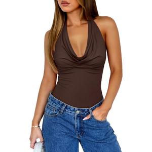 REORIA Womens Sexy Cowl Neck Halter Body Suits Summer Open Back Bodysuit Tank Tops (Brown, XXL)