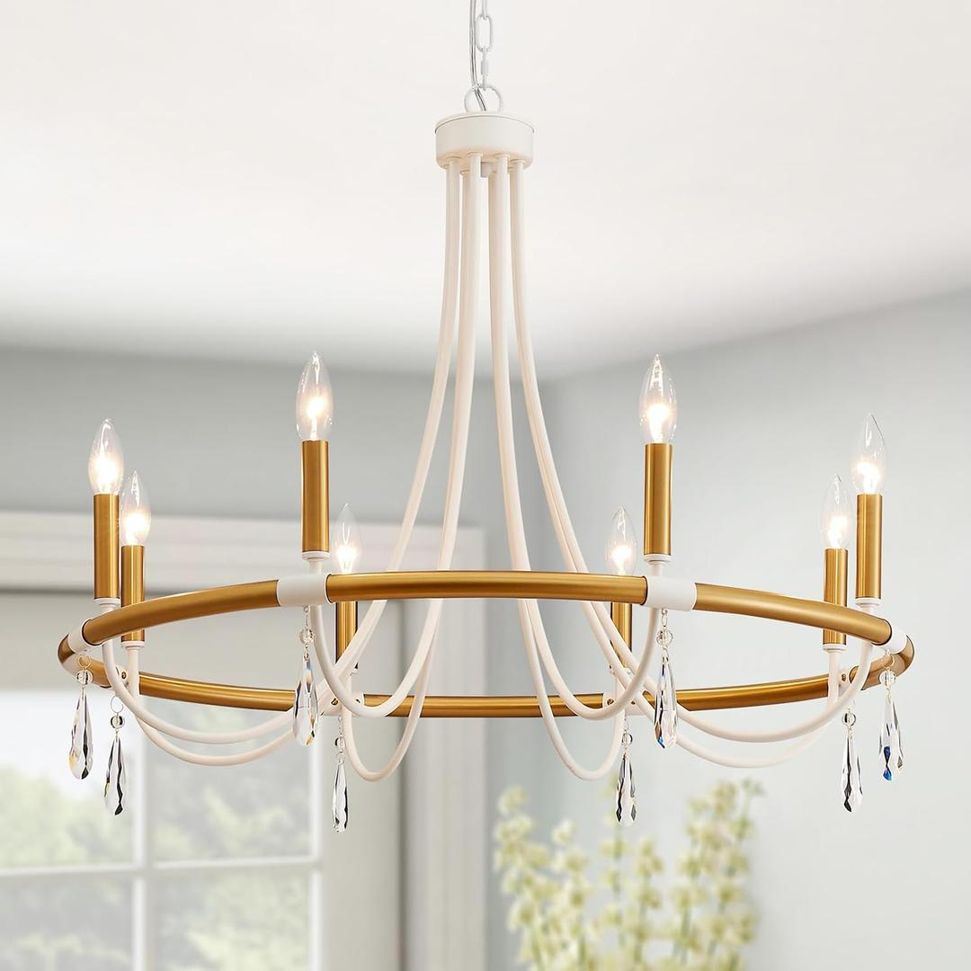 WUZUPS Wagon Wheel Chandelier Rustic Farmhouse Industrial Round Pendant Light Fixture with Clear Crystal for Dining Room Kitchen Island, H 28.3" x W 30.3", E12 Base, Gold White, 28.3" H x 30.3" W x 39.4" H