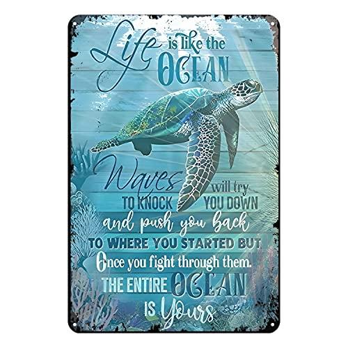 Aenaon Sea Turtle Life is Like The Ocean Tin Sign Wall Art Canvas Print Funny Vintage Retro Paintings Home Bedroom Bathroom Decor Picture Vertical 8x12 inches