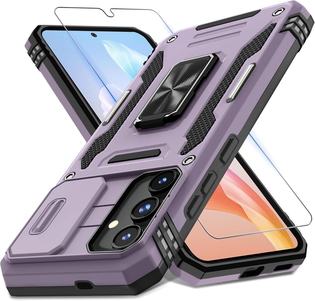 DEERLAMN Case for Samsung Galaxy S25+ Plus 6.7-Inch with Slide Camera Cover+Screen Protector(1 Pack), Rotated Ring Kickstand Military Grade Shockproof Protective Cover-Deep Purple