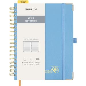 POPRUN Lined Spiral Journal Notebook for Women & Men, 7-1/4" x 9-1/2", 220 Numbered Pages, College Ruled Hardcover Notebook for Work, Journals for Writing, 120 GSM Thick Paper, Haze Blue