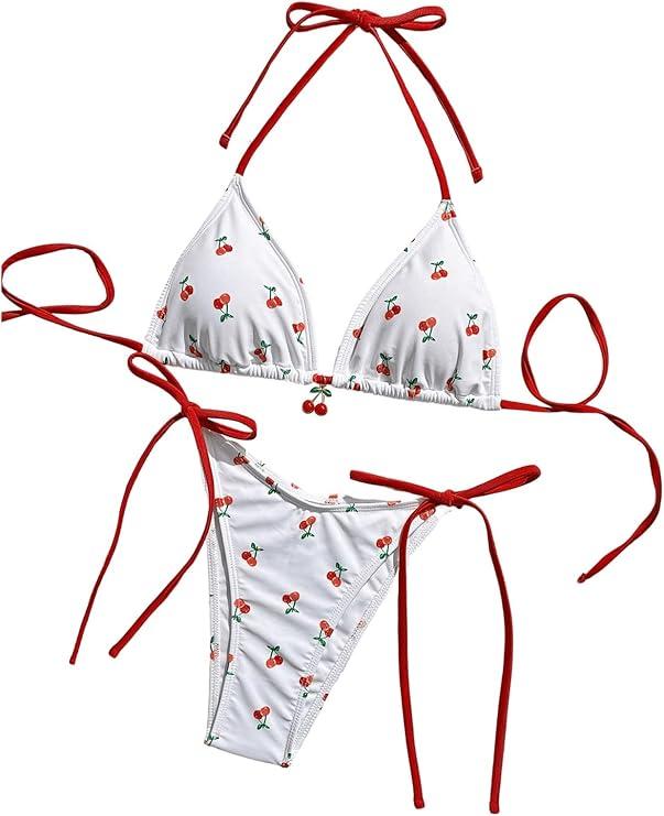 WDIRARA Women's 2 Piece Swimsuit Cherry Print Bikini Set Halter Triangle Bikini Side Tie String Bathing Suits. M