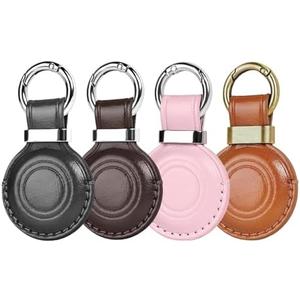 MOLOVA 4 Pack Genuine Leather Handcrafted for Airtag Holder Keychain, Compact Design with Airtag Keychain, Secure for Airtags Holder with Stainless Steel Ring Lock, Black/Vintage Color/Pink/Brown
