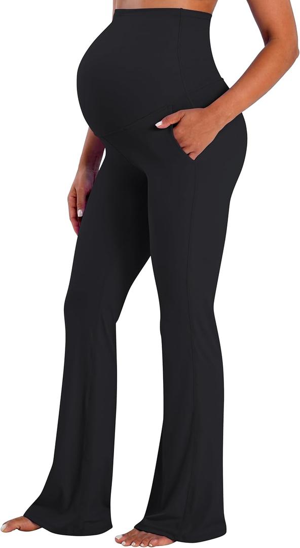 Sunzel Maternity Flare Leggings with Pockets Over The Belly, Buttery Soft Pregnancy Wide Leg Yoga Pants (Medium, Black)